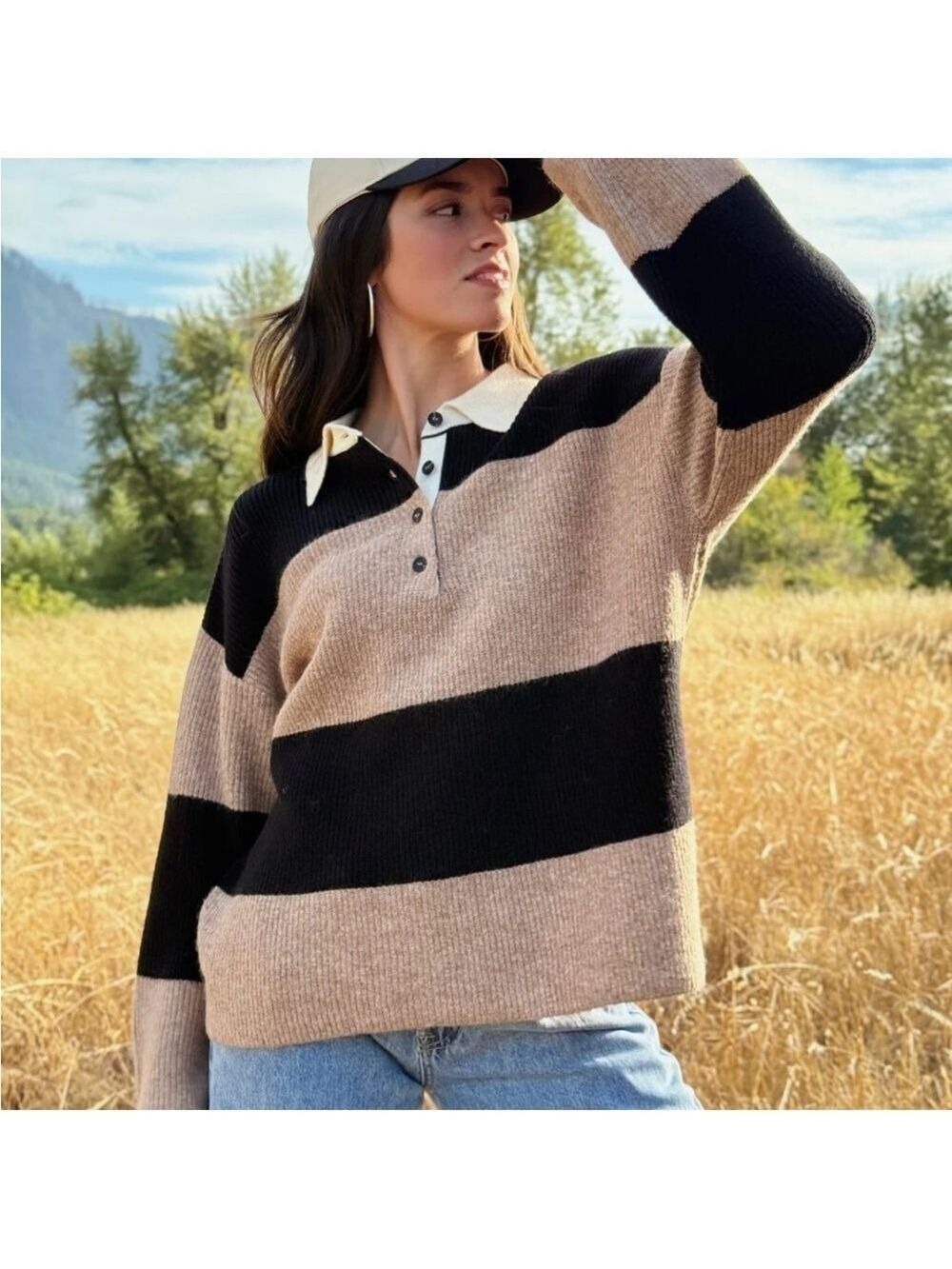 The Workshop Small Black Brown Stripped Sweater Oversized - Picture 12 of 14